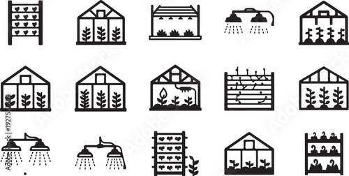 Black and white icons of greenhouses and irrigation systems