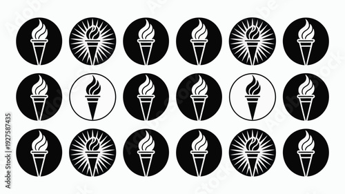 Vector graphic design featuring various torch icons in black and white symbolizing inspiration and motivation
