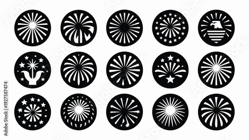 Collection of 12 unique circular firework explosion icons in black and white on a clean white background for design and decoration