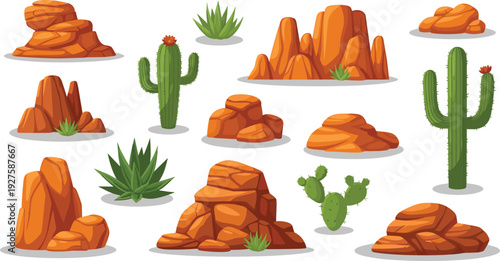 Desert landscape elements with cactus rocks and succulents vector illustration set