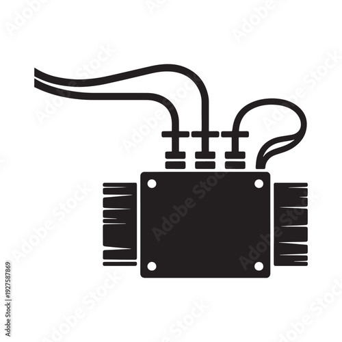 A black and white vector illustration depicting an automotive electronic control unit with wiring high quality professional