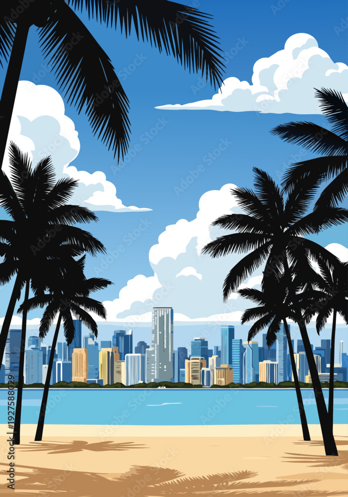 Fototapeta premium Vector illustration of tropical beach with palm trees and city skyline in warm sunlight
