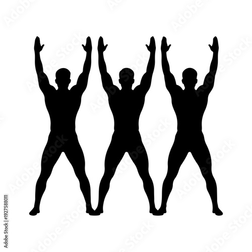 Silhouette of three men performing jumping jacks exercise.