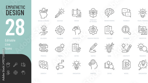 Empathetic Design Line Editable Icons set. Vector illustration in modern thin style of creativity related icons: innovation, brainstorming, imagination, and more. Isolated on transparent background.