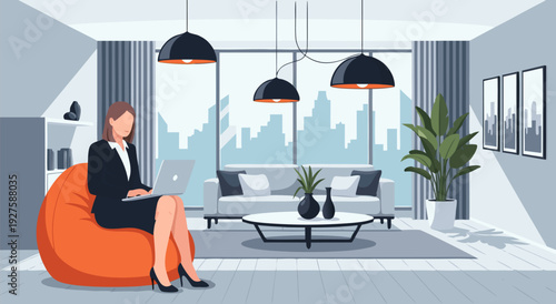 Modern Living Room with Relaxing Woman on Orange Bean Bag Chair – Vector Illustration