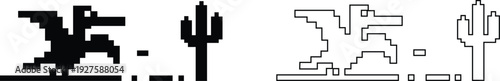 Dinosaur pixel icons set retro game style vector silhouettes and outline illustrations, prehistoric animals, desert cactus scene, isolated design element collection group