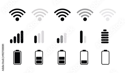 Wi-Fi Icon Set, Vector Illustrations Featuring Wireless Signal, Wi-Fi Zone Signs, Battery Level, Mobile Connection, and Phone System Icons for Digital and App Design.