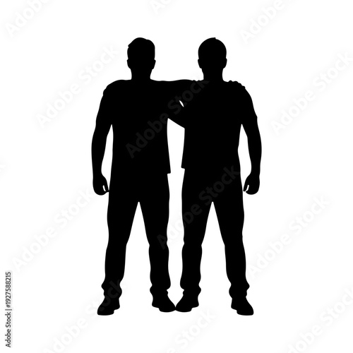 Silhouette of Two Men Standing Together with Arms Around Shoulders.