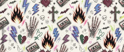 Gothic seamless pattern with crayon drawn punk girly stickers and illustrations. Hand drawn pencil fire symbols, lightnings, hand with eyes. Funky tattoo style seamless banner background.