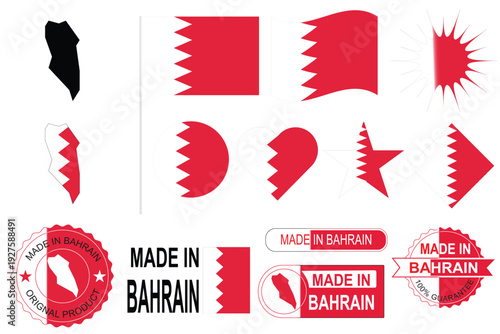 High-quality editable Bahrain vector elements including national flag icons, country map outline, serrated flag pattern and made in Bahrain stamps. Suitable for branding, marketing and posters.