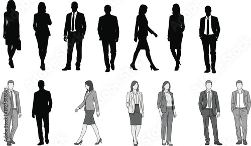 Diverse business people silhouettes walking and standing, men women in suits blazers dresses carrying briefcase, confident poses, black vector full body figures.