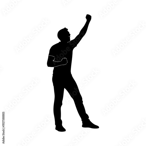 Silhouette of a man raising his fist in triumph.