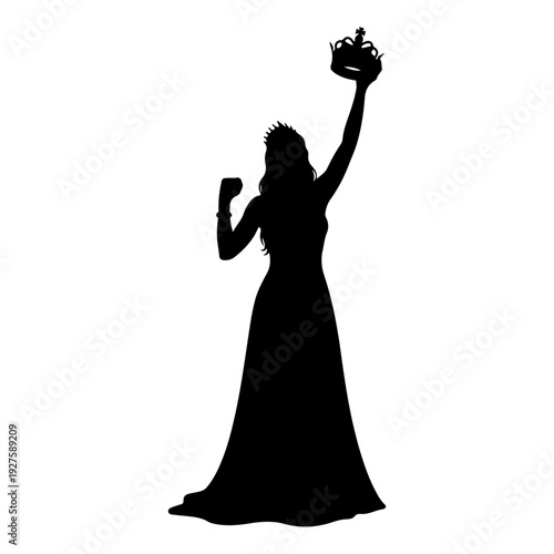 Silhouette of a Woman Holding a Crown Victoriously.