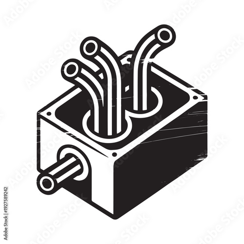 A black and white illustration of a stylized electrical junction box with wires and a conduit