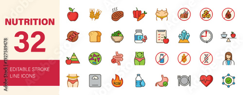 Assorted nutrition icons depicting various food items and health symbols in a digital illustration