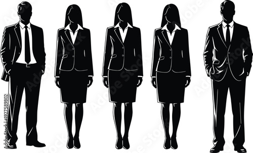 Diverse corporate business people silhouettes standing in line, men women suits blazers ties pencil skirts, confident poses, black faceless vector figures.