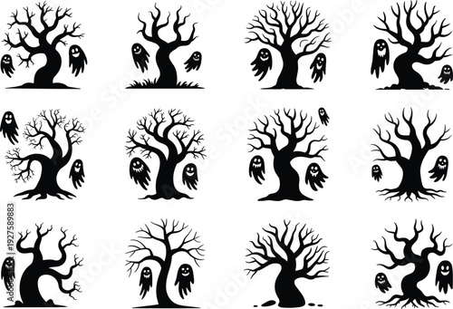 Twelve black silhouettes of spooky Halloween trees with ghosts on white background Keywords: halloween, tree, ghost, spooky