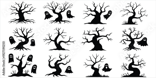 Spooky Halloween Scene With Bare Trees And Ghosts Silhouettes On White Background vector illustration