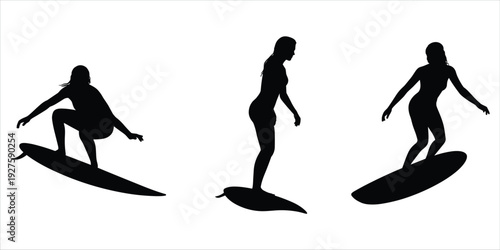 Three black silhouette female surfers riding waves on surfboards on white Keywords: surfer, surfing, woman, female, silhouette