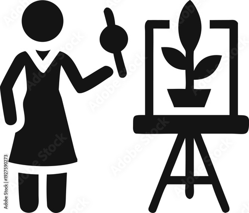 Educator Presenting Botanical Concepts with a Potted Plant on an Easel