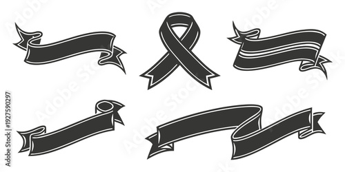 A collection of black ribbon designs with various patterns and styles Vector
