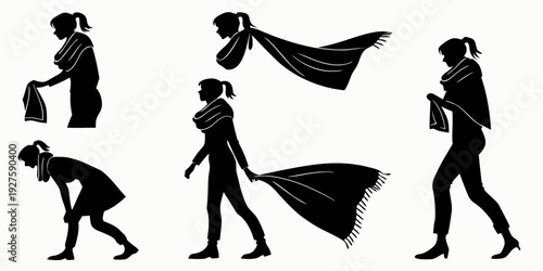 Silhouettes of people engaged in various activities with a cape Vector