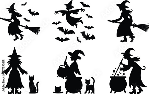 Six black silhouettes of witches with cats, bats and cauldrons on white background Keywords: witch, halloween, silhouette, cat