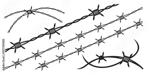 A detailed illustration of a barbed wire fence with sharp barbs and twisted strands. Vector