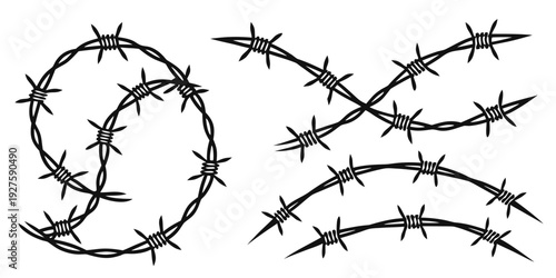 A detailed illustration of barbed wire with sharp, twisted points and curved shapes. Vector