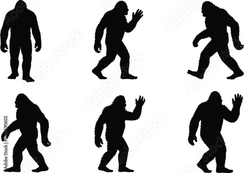 Six black silhouettes of a Bigfoot creature in different poses on white background Keywords: bigfoot, yeti, sasquatch, creature