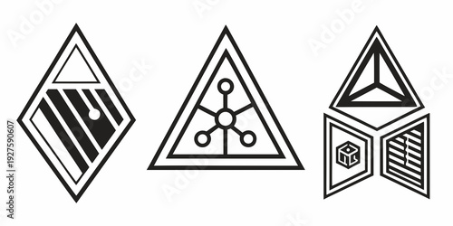 Three distinct symbols each featuring a triangle shape with unique internal designs. Vector