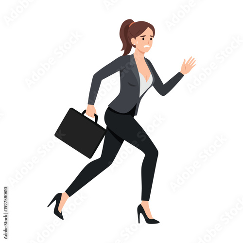 Stressed Businesswoman Running Late with Briefcase in Office Attire. Flat vector illustration isolated on white background