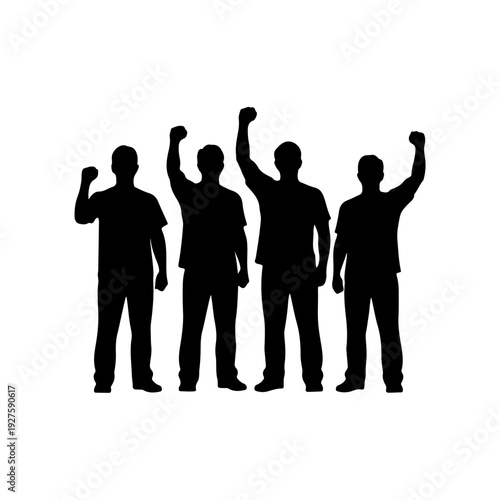 Silhouette of four men raising fists in protest.