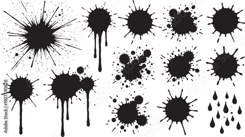 Black ink splatter collection set, grunge paint splash drips isolated vector illustration