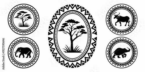 A collection of various animal-themed logos and emblems arranged in a circular pattern. Vector