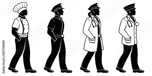 Four individuals walking in a line, each wearing a different type of hat. Vector