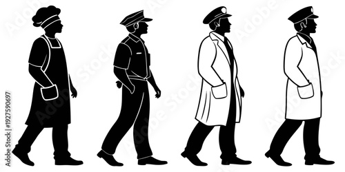 Four individuals walking in a line, showcasing various styles and attire Vector