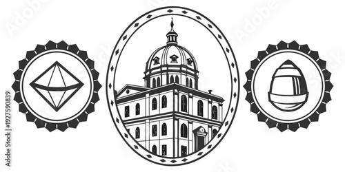 Three badges and a building in the center, surrounded by circular borders. Vector