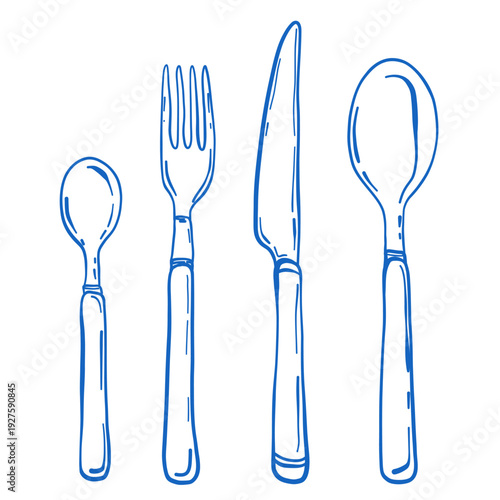 Hand Drawn Cutlery Set. Fork, Knife, Spoon Outline Vector Illustration. Kitchen Utensils