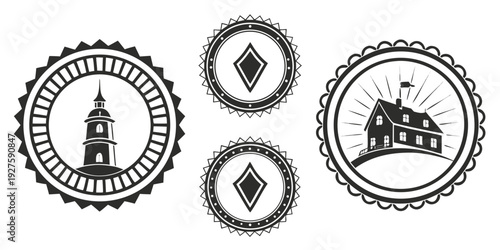 A collection of circular logos featuring various symbols and text. Vector