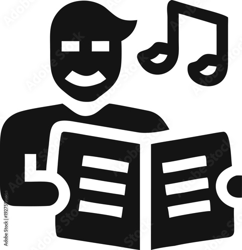 Enthusiastic male singer performing a song from an open music sheet with notes