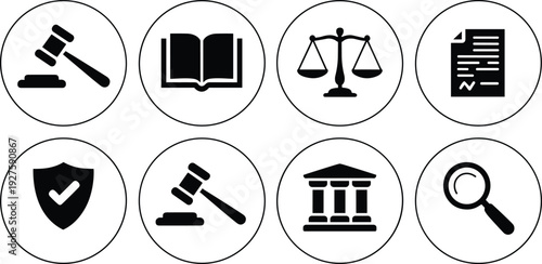 Assortment of Legal and Justice Icons in Black and White Circles gavel book