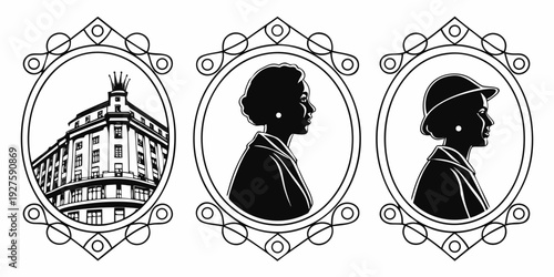 Elegant black and white illustration of a house with two profiles and a crown Vector
