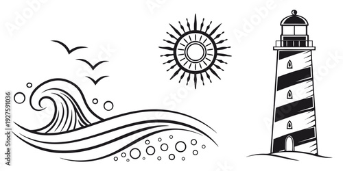 A serene lighthouse standing tall against the crashing waves under a sunny sky. Vector