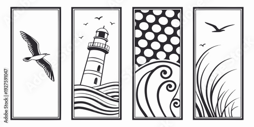 A serene seaside scene with a lighthouse, birds, and waves on a windy day Vector