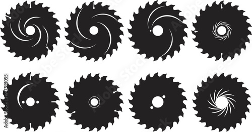 Circular saw blade silhouette set, industrial cutting tool icon collection isolated vector illustration