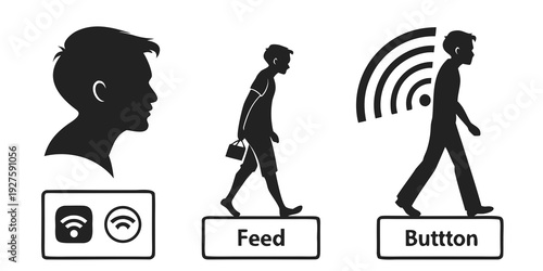 A person using a smartphone to feed a cat and activate a button through motion detection. Vector