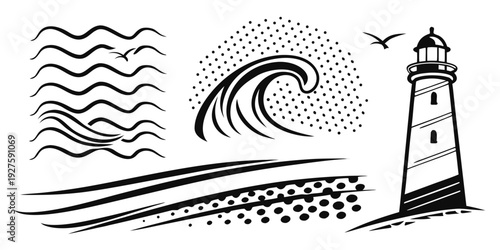 A serene seascape with a lighthouse standing tall against the waves and sky Vector