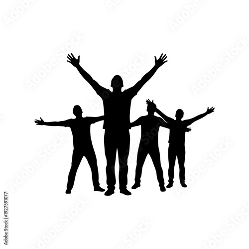 Silhouette of a group of people celebrating with arms raised.