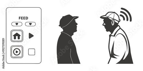 Man using a smartphone to control a dog's feeding device remotely Vector